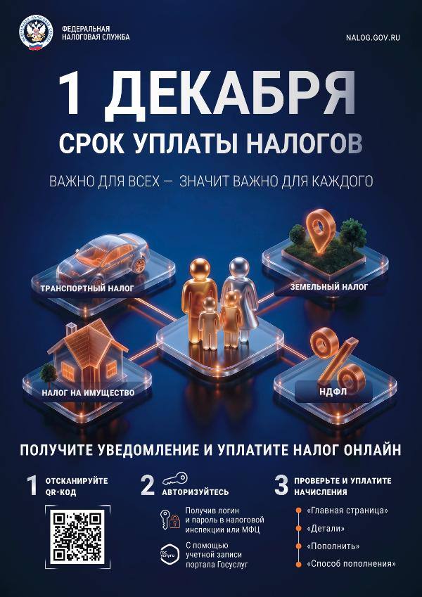 Имущественные налоги физических лиц за 2025 год необходимо оплатить не позднее 1 декабря 2026 года
